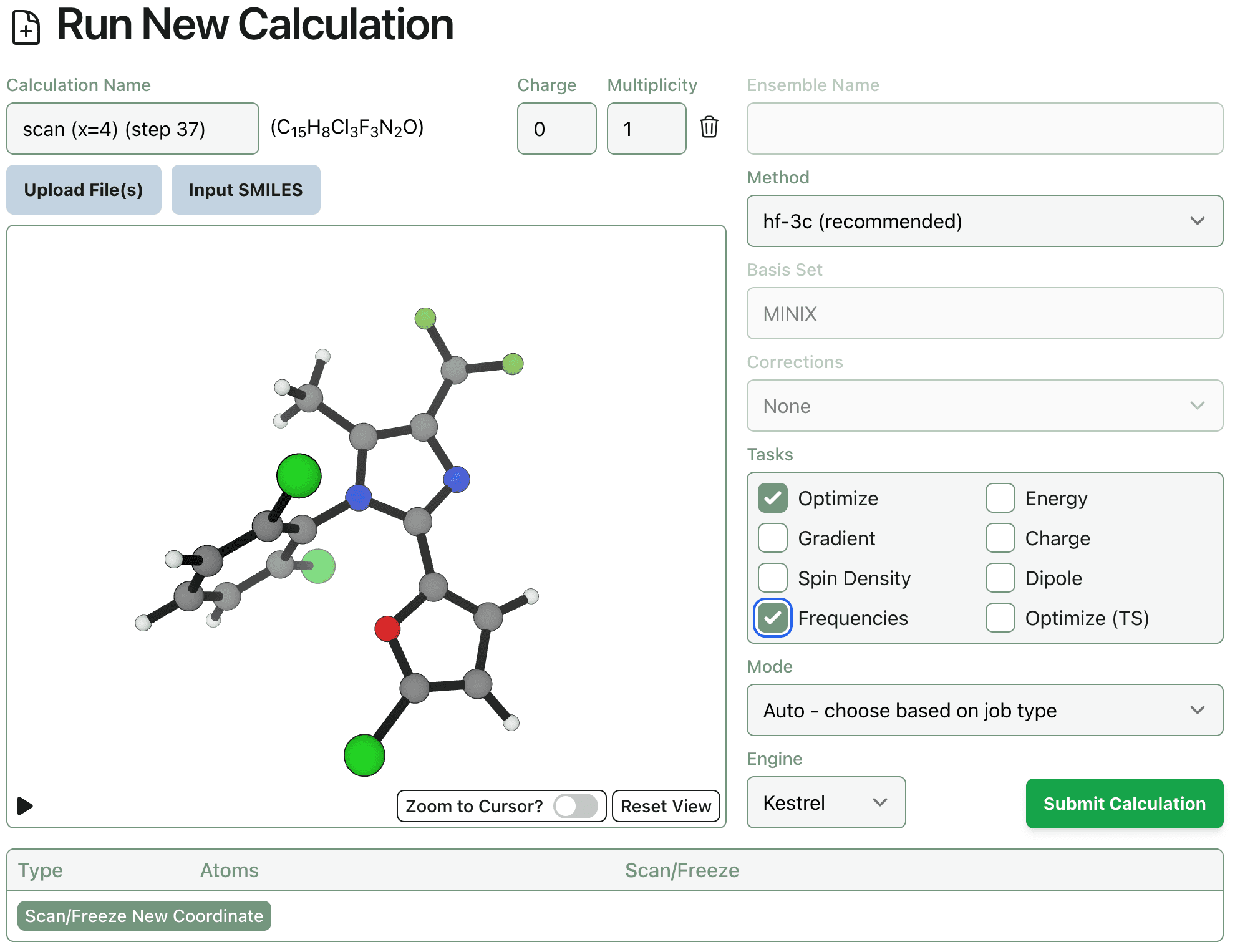 "Submission screen for ground state opt + freq"