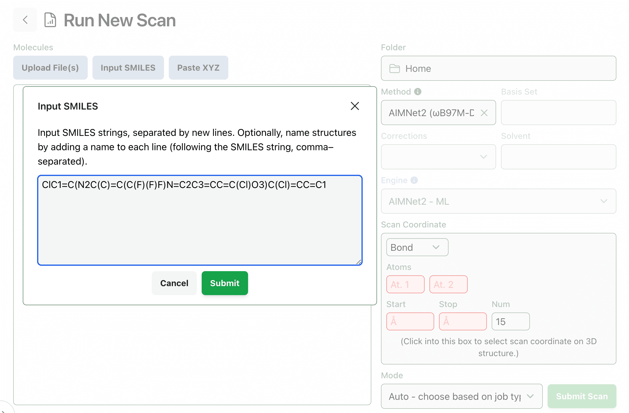 "SMILES input screen"