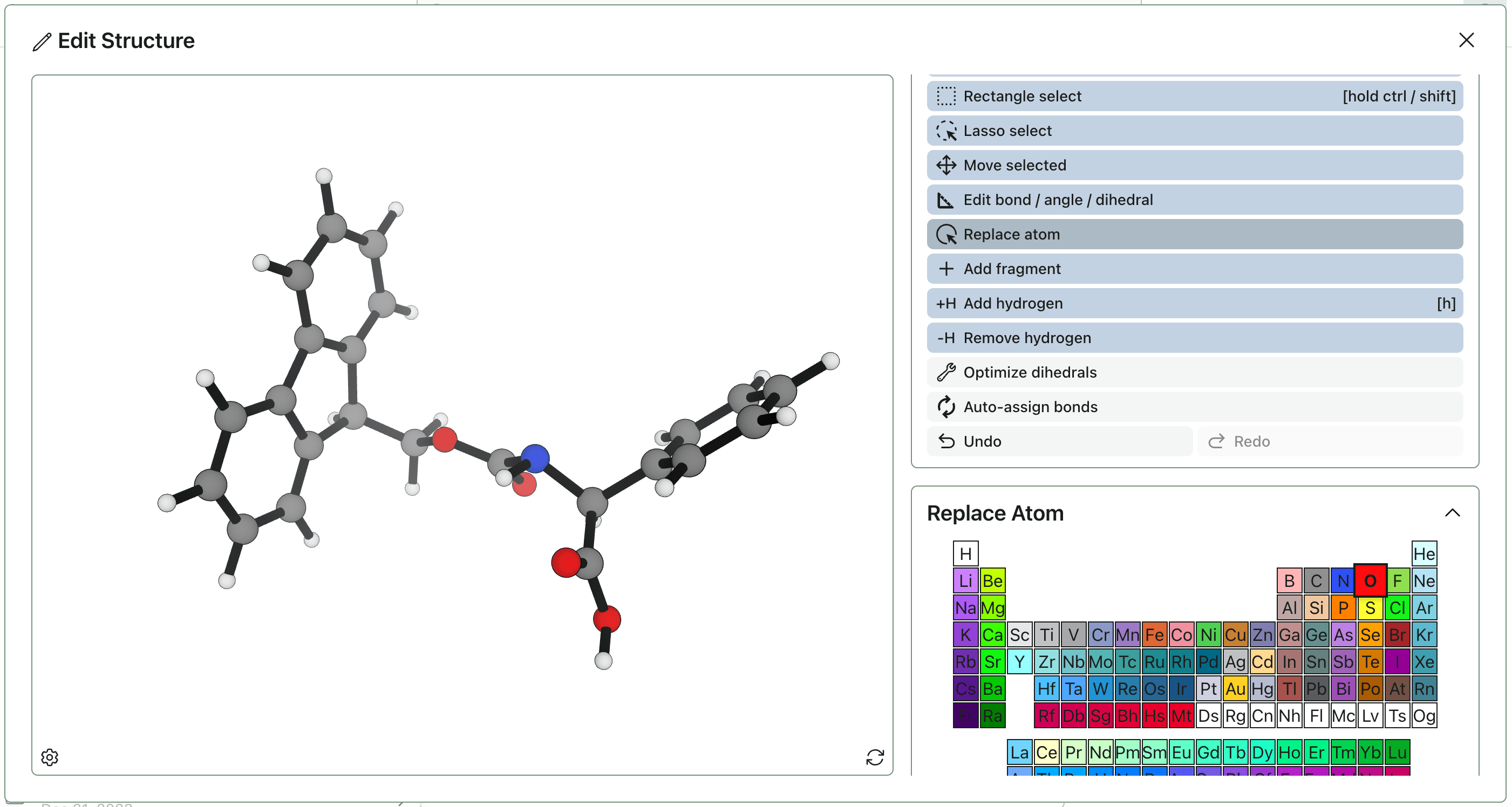 A screenshot of Rowan's 3D structure editor.