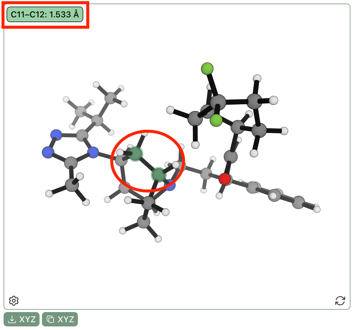 Two bonded atoms selected in Rowan's molecule viewer with the bond's length showing in the top left corner.