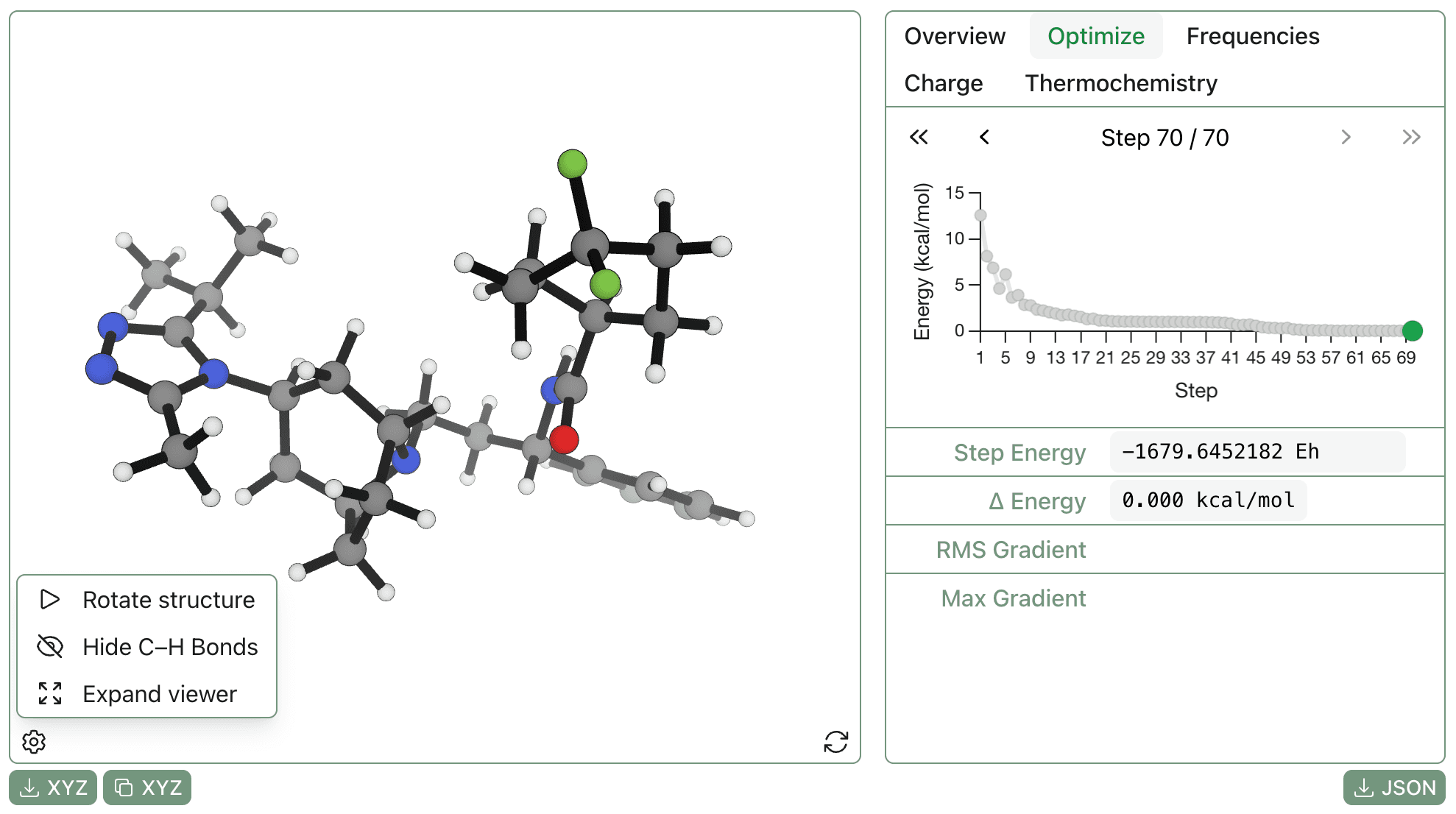 A screenshot of an optimization in Rowan showing the interactive 3D viewer next to an interactive 2D graph.