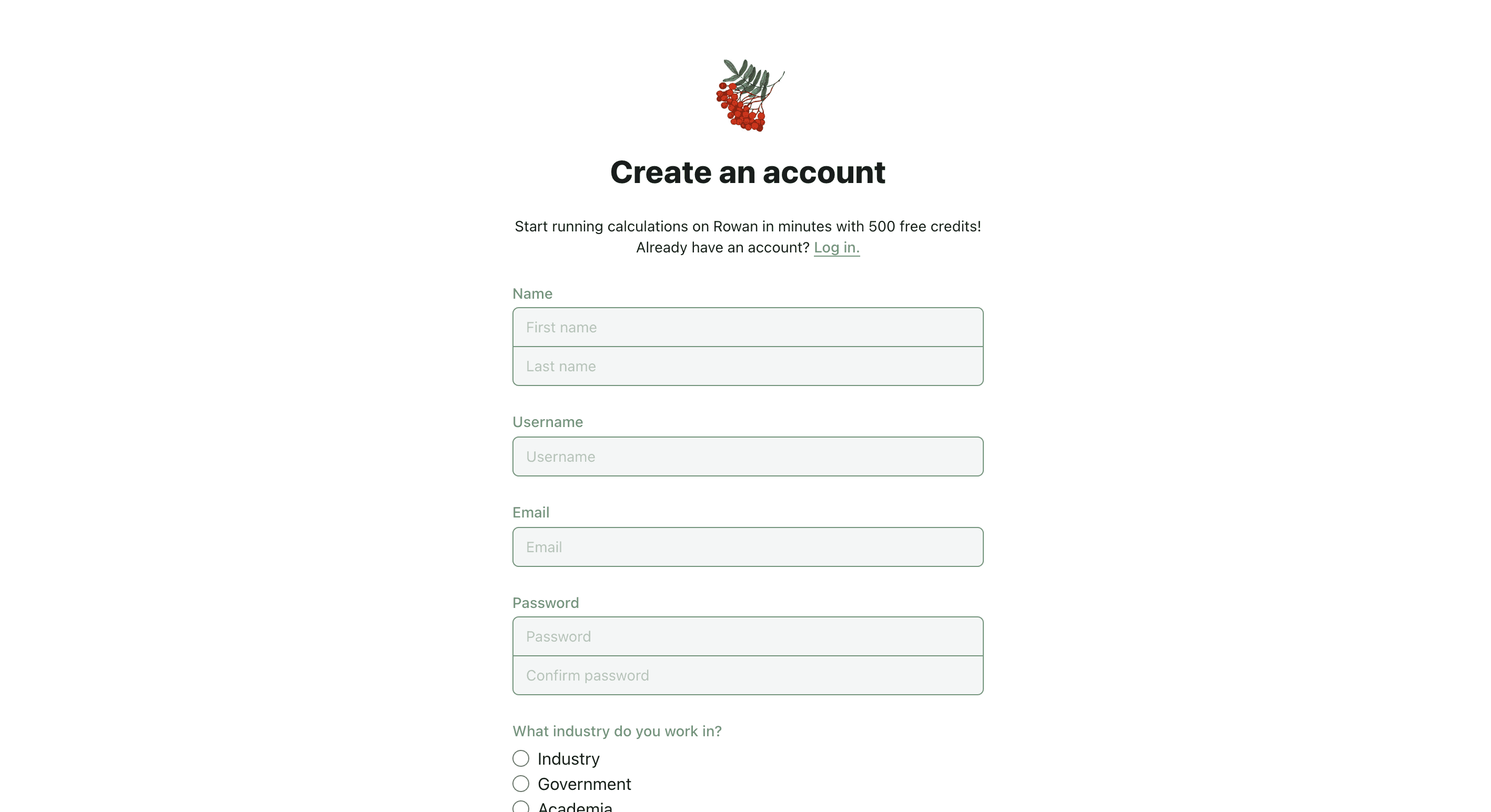 "A screenshot of Rowan's account creation page."