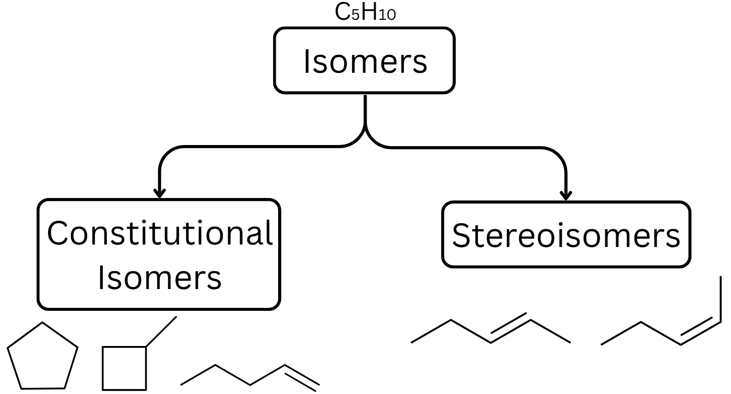 Chart showing differences between constitutional isomers and stereoisomers