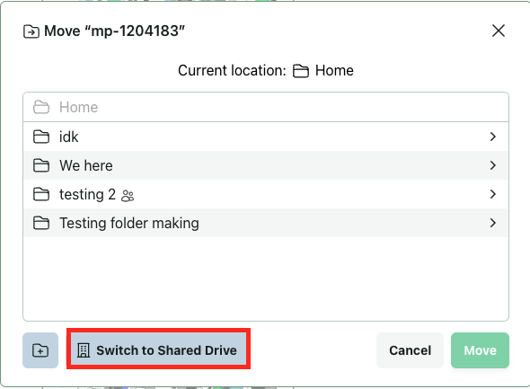 A screenshot of move modal with switch to shared button visible.