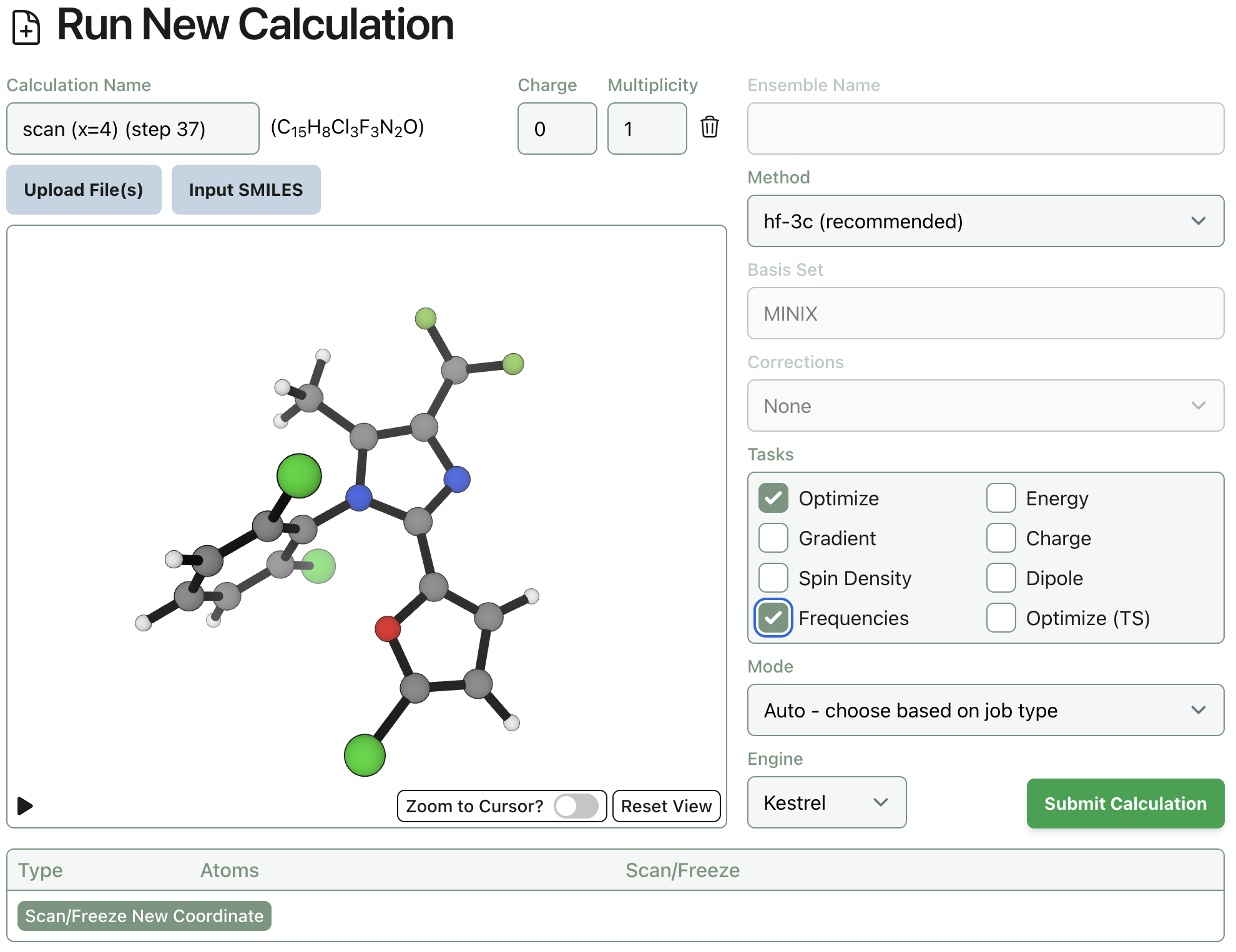 Submission screen for ground state opt + freq