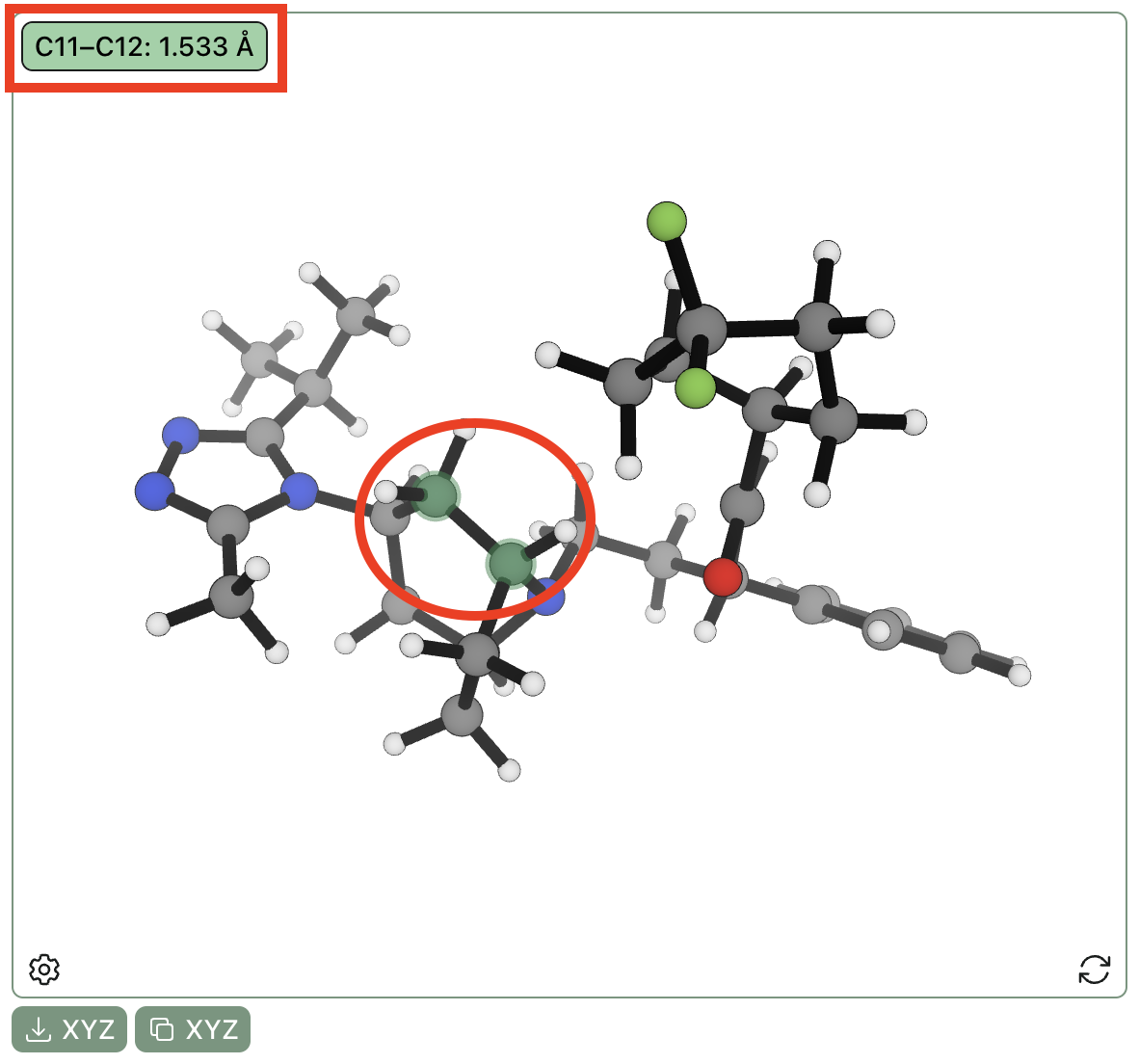 Two bonded atoms selected in Rowan's molecule viewer with the bond's length showing in the top left corner.