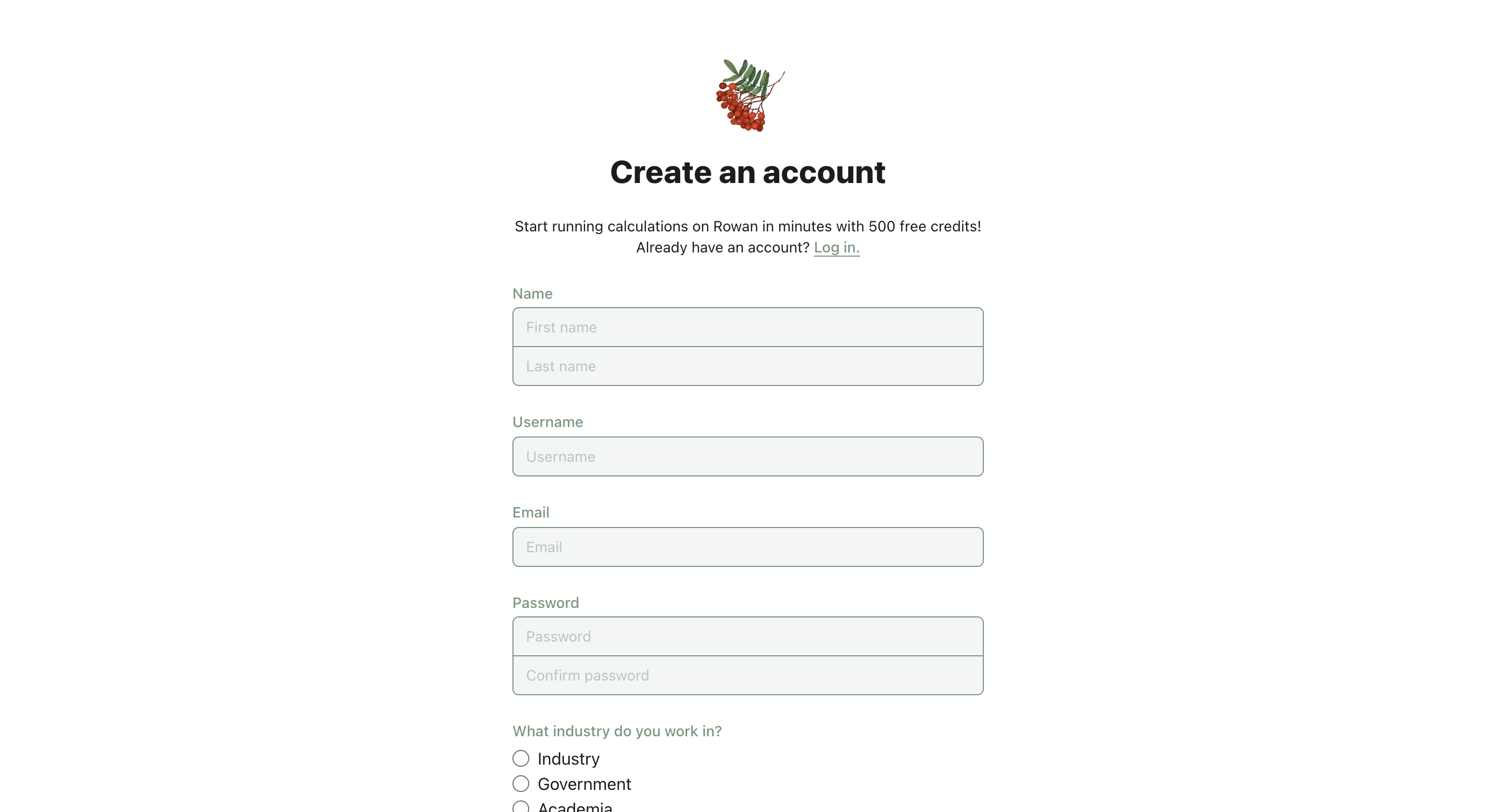 A screenshot of Rowan's account creation page.