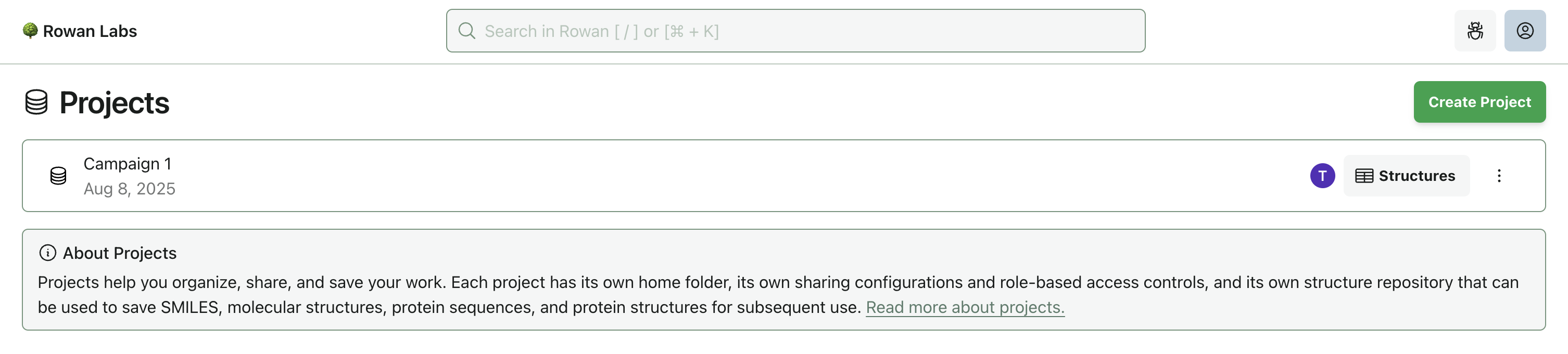 The home page of Rowan shows a list of all projects