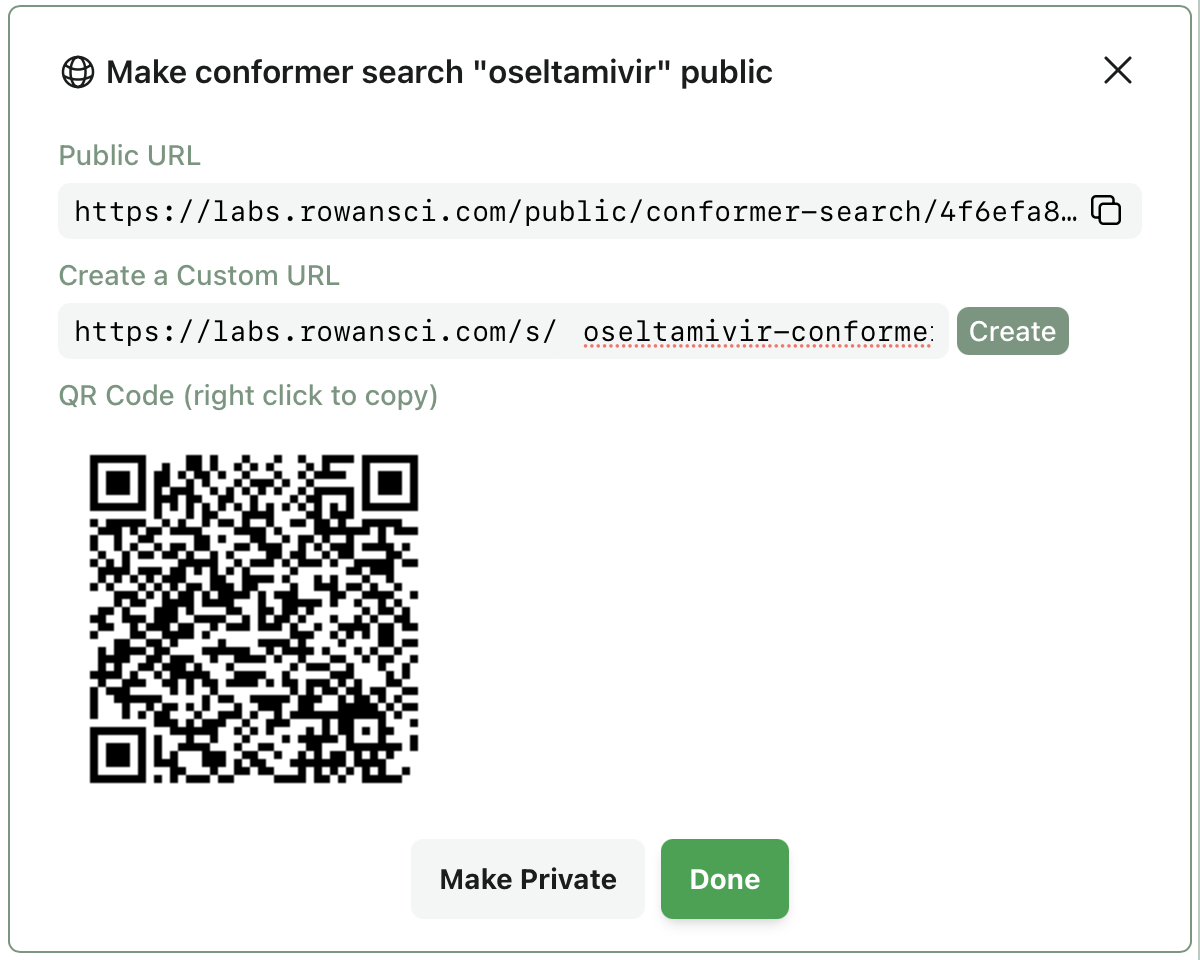 A screenshot of a public link and QR code generated on Rowan.