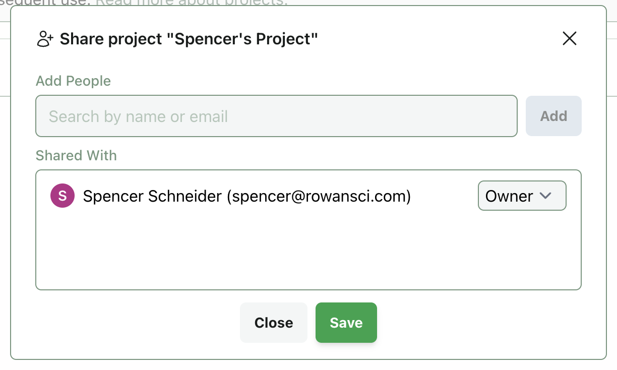 The sharing modal of a project