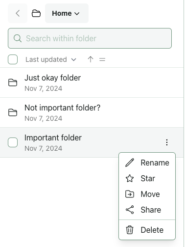 A screenshot of starring a folder using its three dot menu.