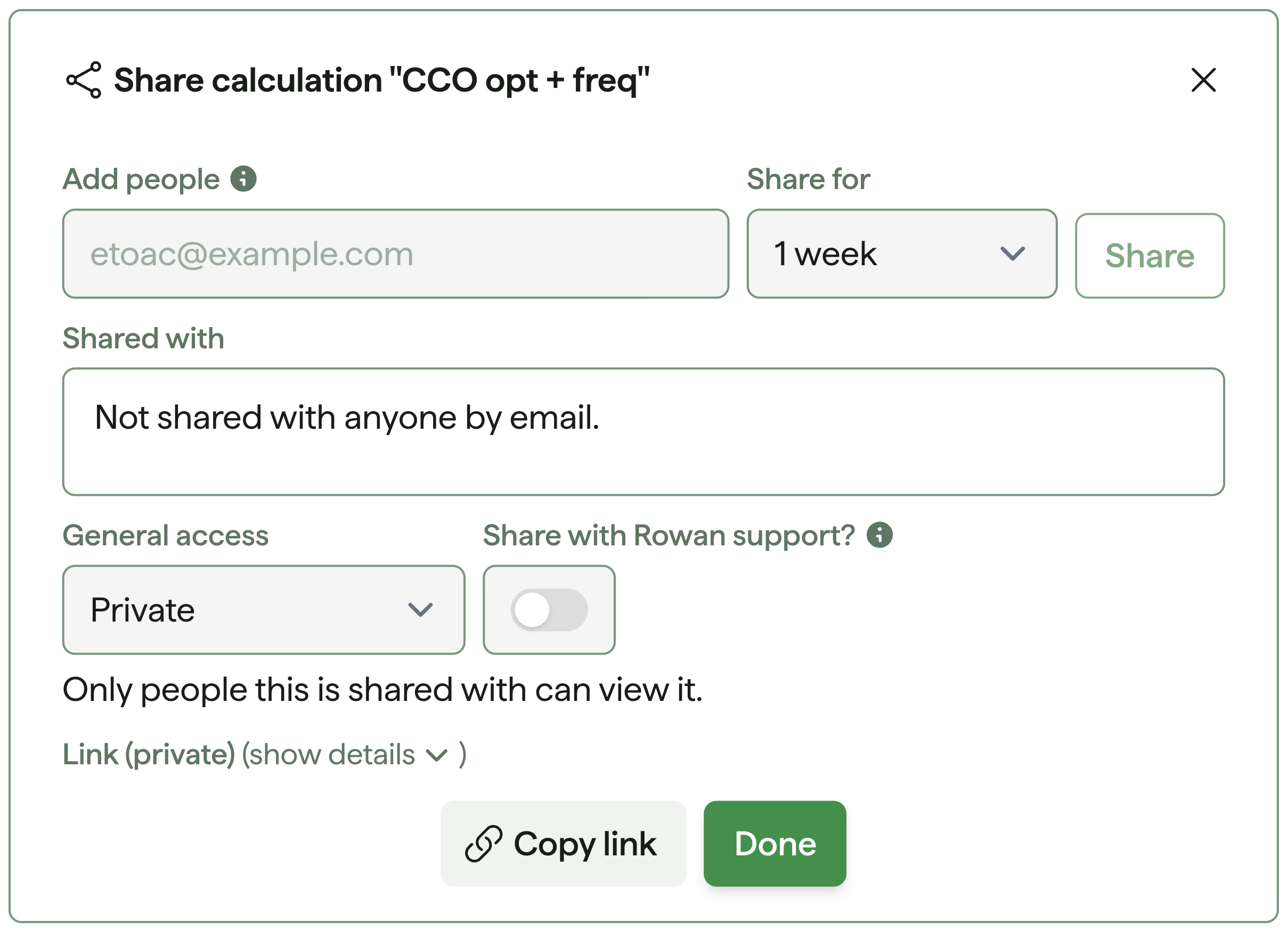 The workflow sharing modal, with Add people, Share for, Shared with, General access, and the
Rowan support toggle.