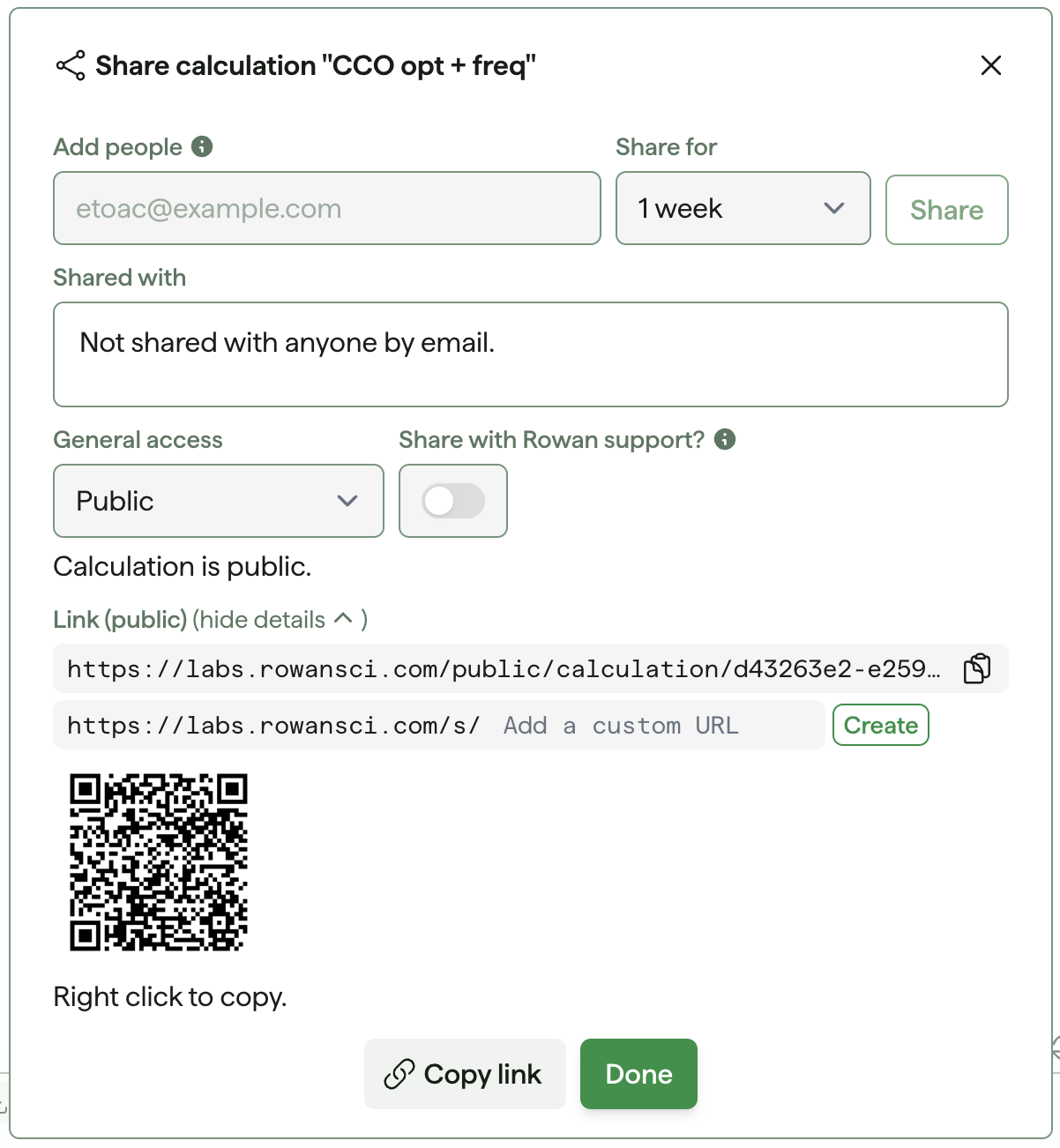 Workflow sharing modal with General access set to Public and Link (public) expanded, showing the
public URL, custom URL option, and QR code.